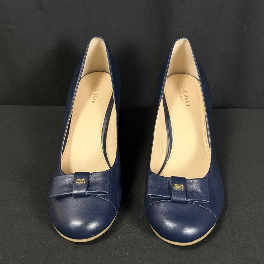Cole Haan Adair Navy Blue Leather Bow Wedge Pumps Shoes Grand.OS W13162 Women 9B